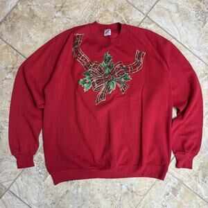 Vintage Jerzees Christmas Sweatshirt XL Red Plaid Bow USA Made Oversized 50/50